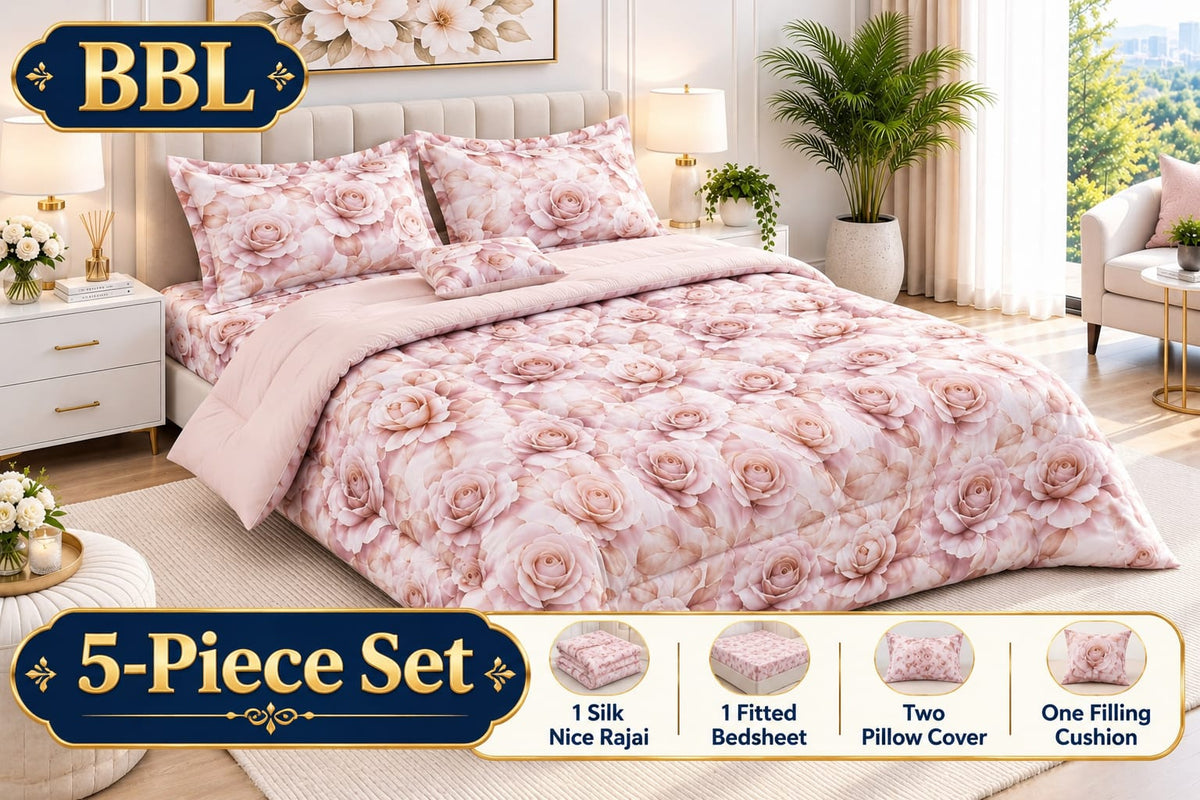 BBL 5 pcs Bed sheet 2 pillow cover 1 silk Razai 1 bed sheet 1 cushion Printed