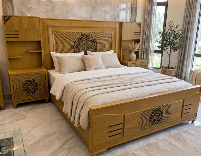 Honey Mustard Wood With Circular Black Lattice Pattern Bed Frame With 2 Side Tables