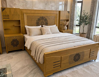 Honey Mustard Wood With Circular Black Lattice Pattern Bed Frame With 2 Side Tables