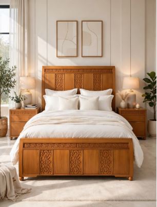 Honey Wood Curved Bed With Greek Top Border- 3 Verticals Intricate Floral Carvings With 2 Side Tables