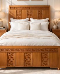 Honey Wood Curved Bed With Greek Top Border- 3 Verticals Intricate Floral Carvings With 2 Side Tables