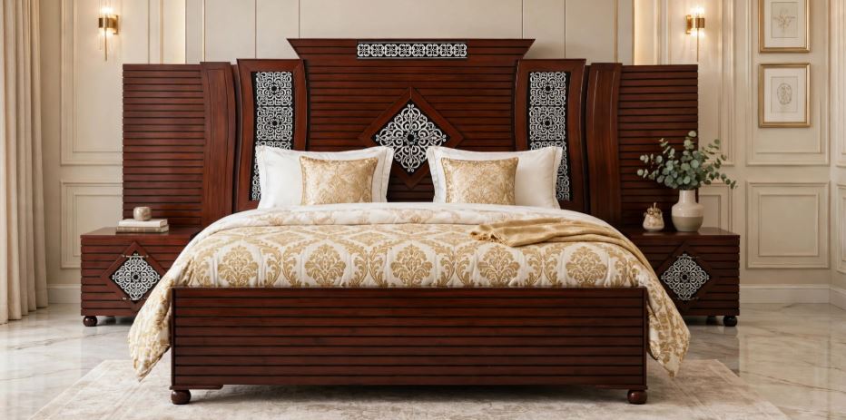 Dark Mahogany Horizontal Slats With White Diamond Intricate Pattern Bed Frame With 2 Side Tables
