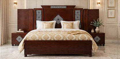 Dark Mahogany Horizontal Slats With White Diamond Intricate Pattern Bed Frame With 2 Side Tables