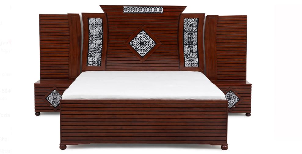 Dark Mahogany Horizontal Slats With White Diamond Intricate Pattern Bed Frame With 2 Side Tables