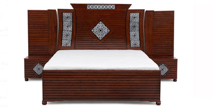 Dark Mahogany Horizontal Slats With White Diamond Intricate Pattern Bed Frame With 2 Side Tables