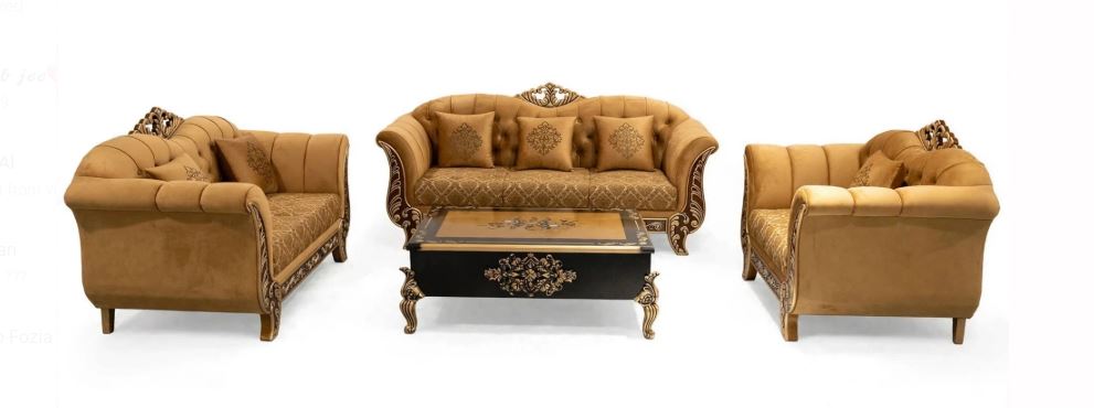 Mustard Golden Velvet 6 Seater Sofa Set Table With White Brown Floral Side Carving