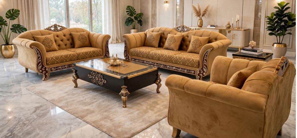 Mustard Golden Velvet 6 Seater Sofa Set Table With White Brown Floral Side Carving