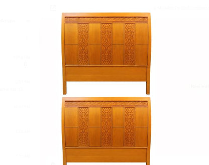 Honey Wood Curved Bed With Greek Top Border- 3 Verticals Intricate Floral Carvings With 2 Side Tables