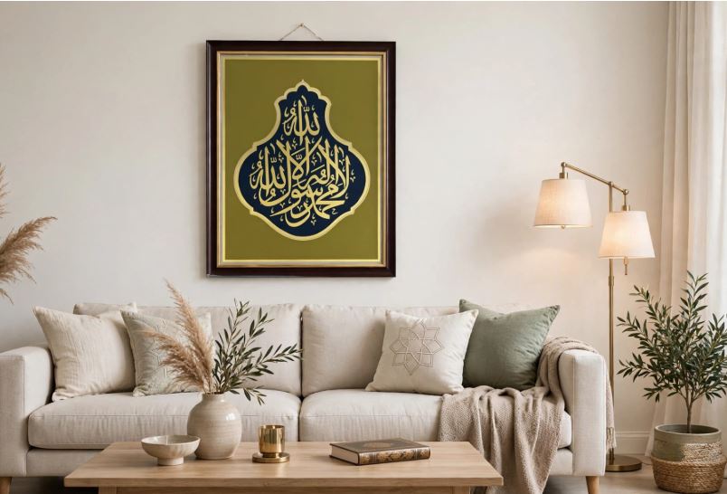 Dark Brown Wooden Border, Golden writing Frame With Calligraphy Of Arabic Kalmah, PVC frame