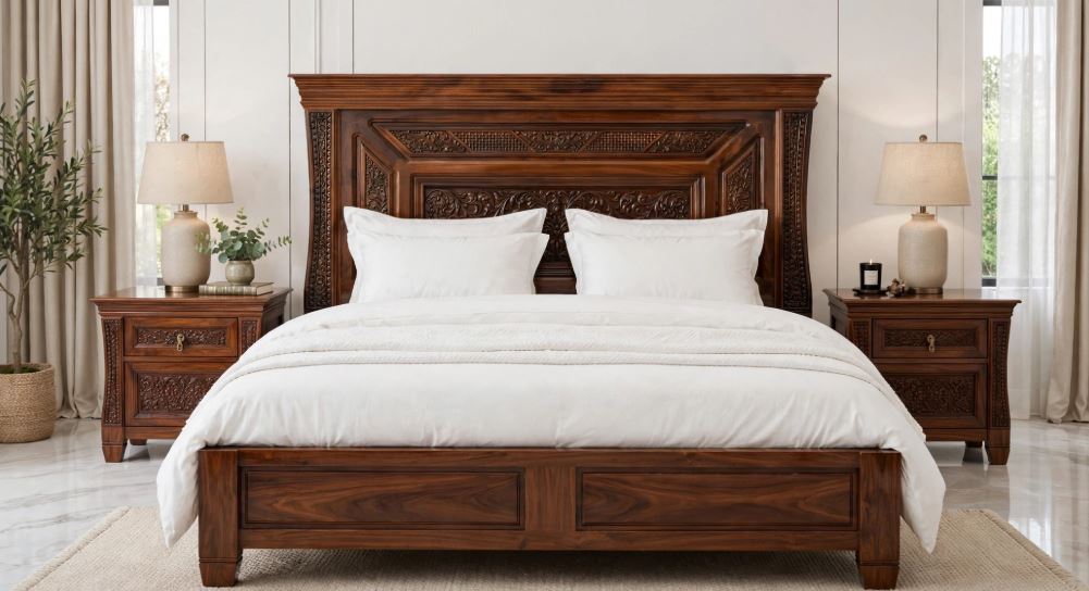 Rich Walnut Shine With Deep Floral Center Carving - Intricate work Bed Frame With 2 Side Tables