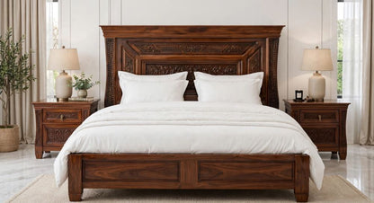 Rich Walnut Shine With Deep Floral Center Carving - Intricate work Bed Frame With 2 Side Tables