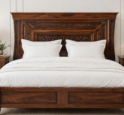 Rich Walnut Shine With Deep Floral Center Carving - Intricate work Bed Frame With 2 Side Tables