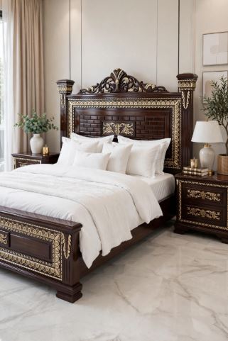 Dark Walnut Brick Pattern- Gold Carved Borders With Top Crown Bed Frame With 2 Side Tables