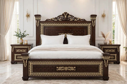 Dark Walnut Brick Pattern- Gold Carved Borders With Top Crown Bed Frame With 2 Side Tables