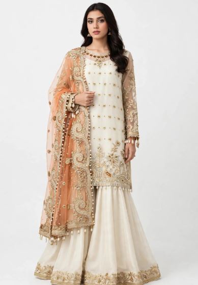 Off White Embroidered Oraganza Sharara With Heavy Daman Gold Zari- Peach Heavy Dupatta Unstitched 3Pc Suit