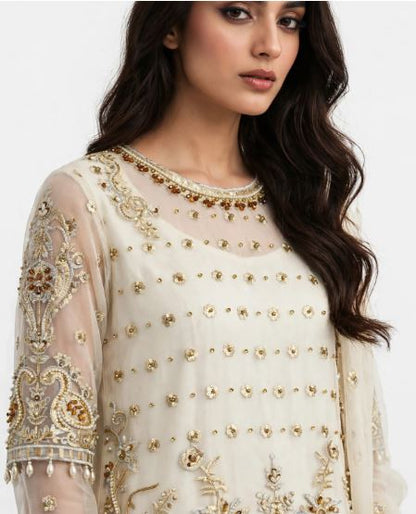 Off White Embroidered Oraganza Sharara With Heavy Daman Gold Zari- Peach Heavy Dupatta Unstitched 3Pc Suit