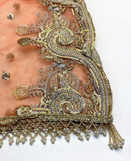 Off White Embroidered Oraganza Sharara With Heavy Daman Gold Zari- Peach Heavy Dupatta Unstitched 3Pc Suit