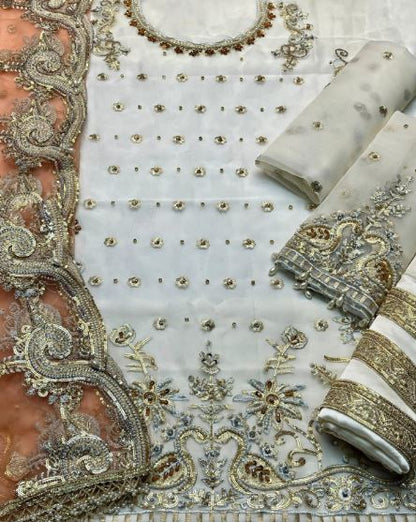 Off White Embroidered Oraganza Sharara With Heavy Daman Gold Zari- Peach Heavy Dupatta Unstitched 3Pc Suit