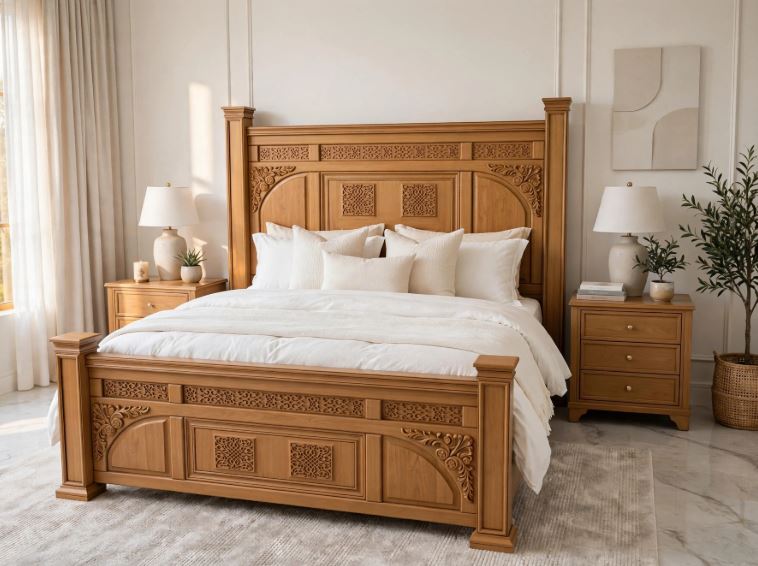 Natural Honey Wood Pillar With Deep Floral Lattice Carving Design Bed Frame With 2 Side Tables
