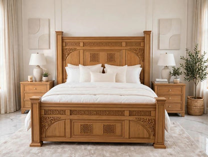 Natural Honey Wood Pillar With Deep Floral Lattice Carving Design Bed Frame With 2 Side Tables