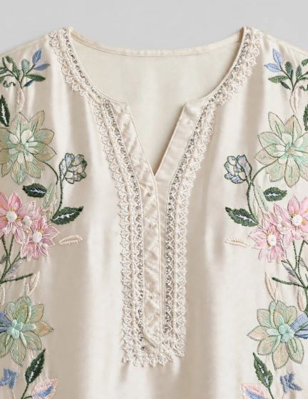 Beige Satin Embroidered  Pastel Pink Mini Florals Unstitched 1 pc